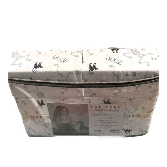 Rae Dunn Queen Sheet Set SPOOKY Skeleton Black Cat Halloween Goth Witch NEW 2024 - Picture 6 of 7